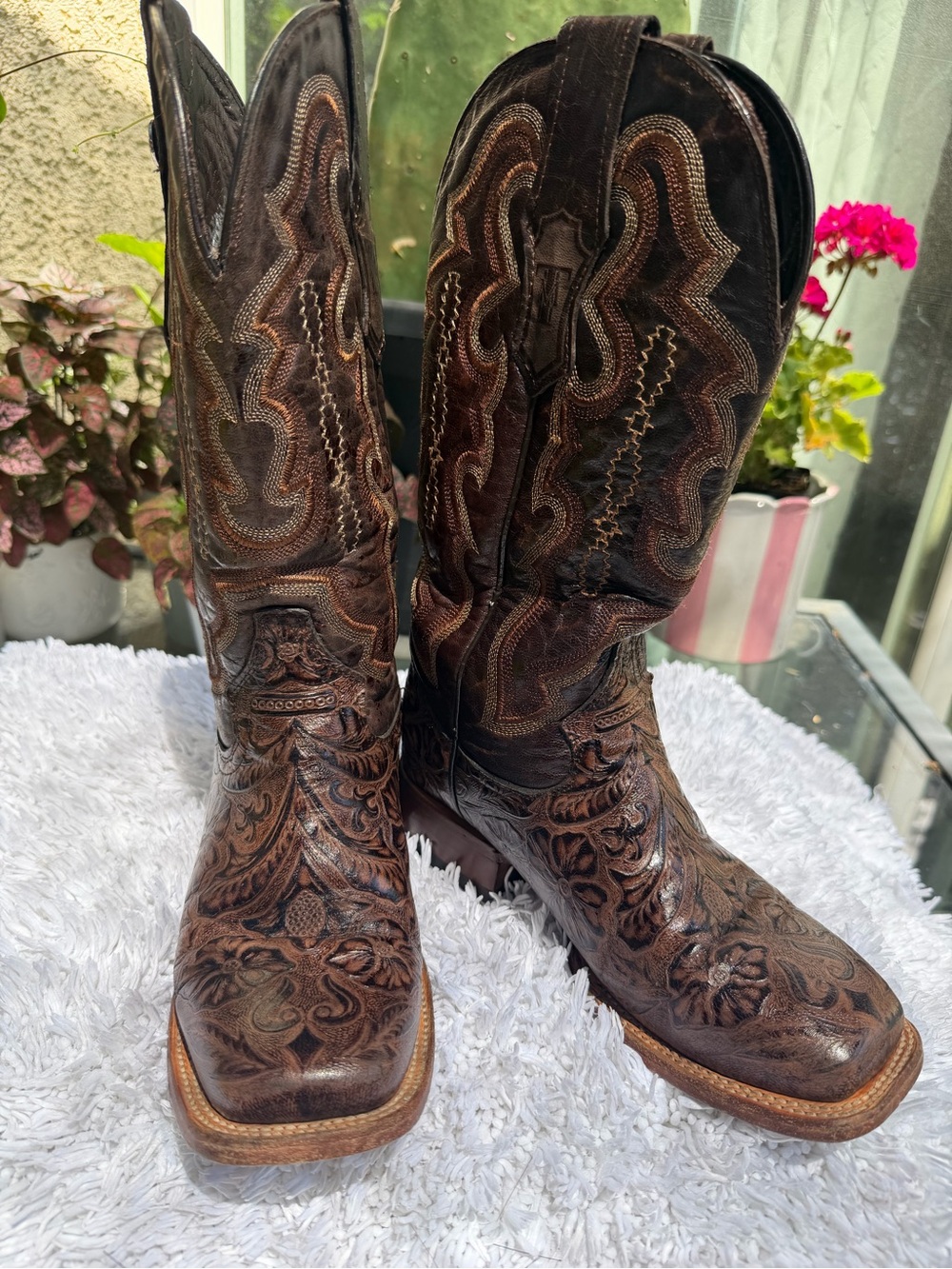 Women's Brown Embossed Leather Western Heeled Boots